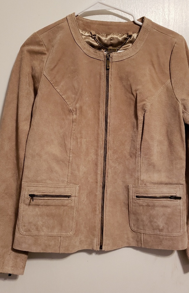 Dennis Basso Washable Suede Zip Front Jacket Beige
